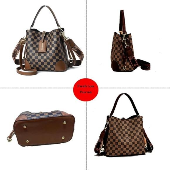 Cross Body Bag Purses Brown & Black  Vegan Leather Crossbody Bucket Bag - Picture 4 of 7